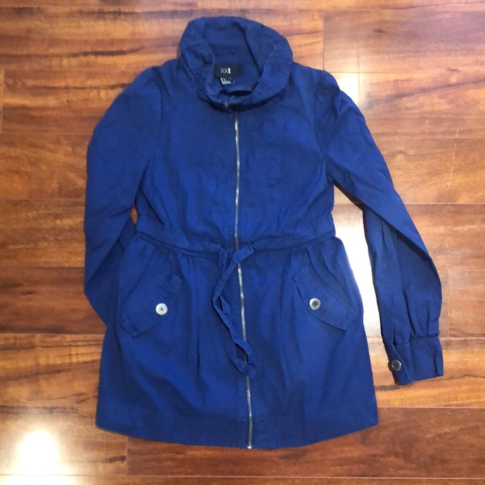 Blue zip up coat with puff shoulders